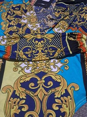 Baroque Print Vivid Tunic Top in Teal, Navy & Gold Body Suit